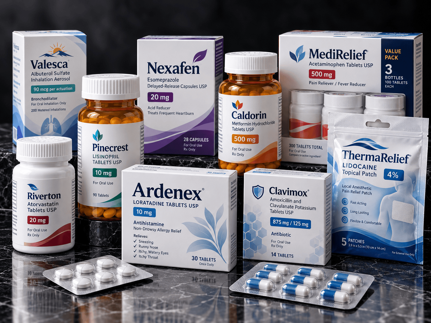 Pharmaceutical Products on Glossy Marble