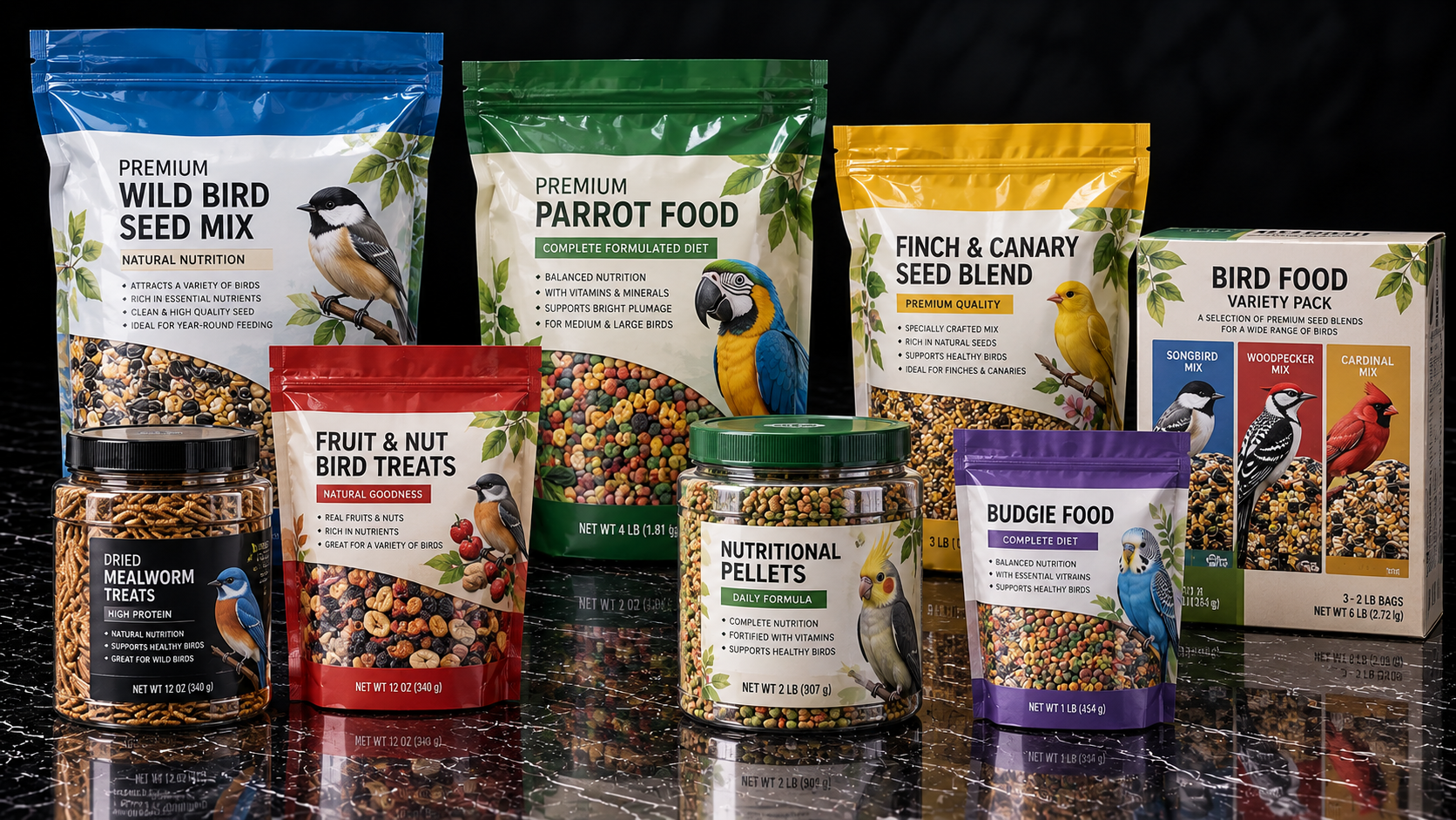 Premium Bird Food Collection on Black Marble
