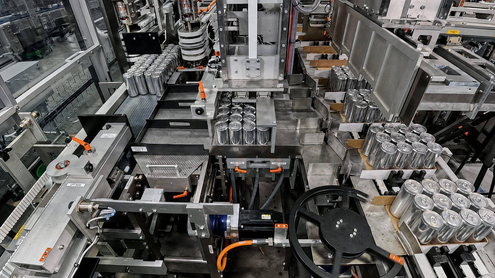 Cans collated and loaded into cases on an integrated Aagard line