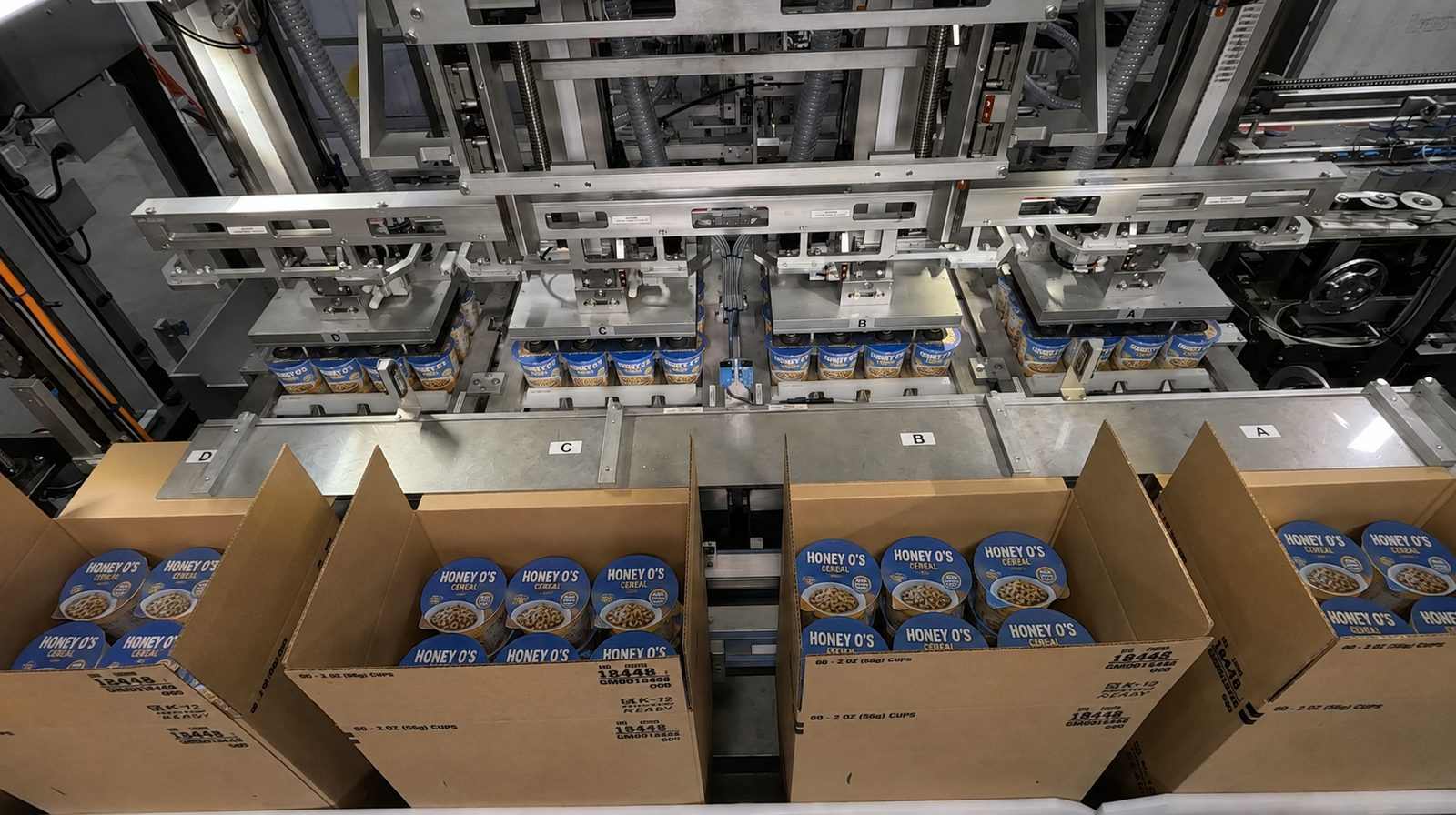 Cereal cups being case packed on an Aagard line