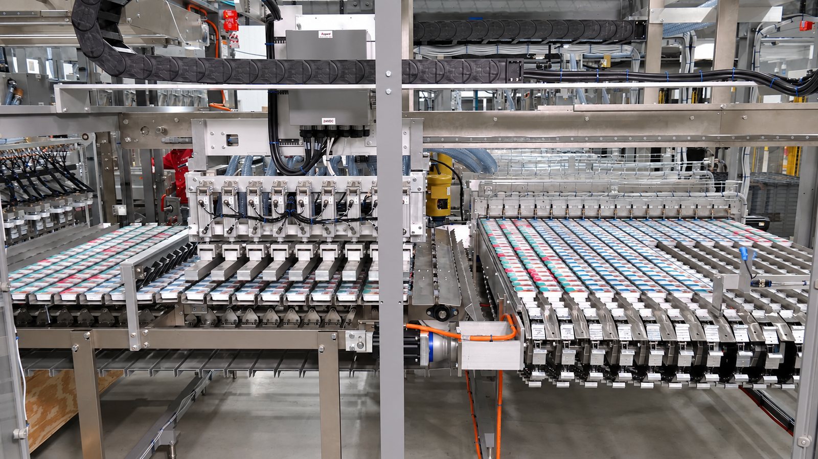 Multi-lane Aagard packaging line running pet food cups and trays